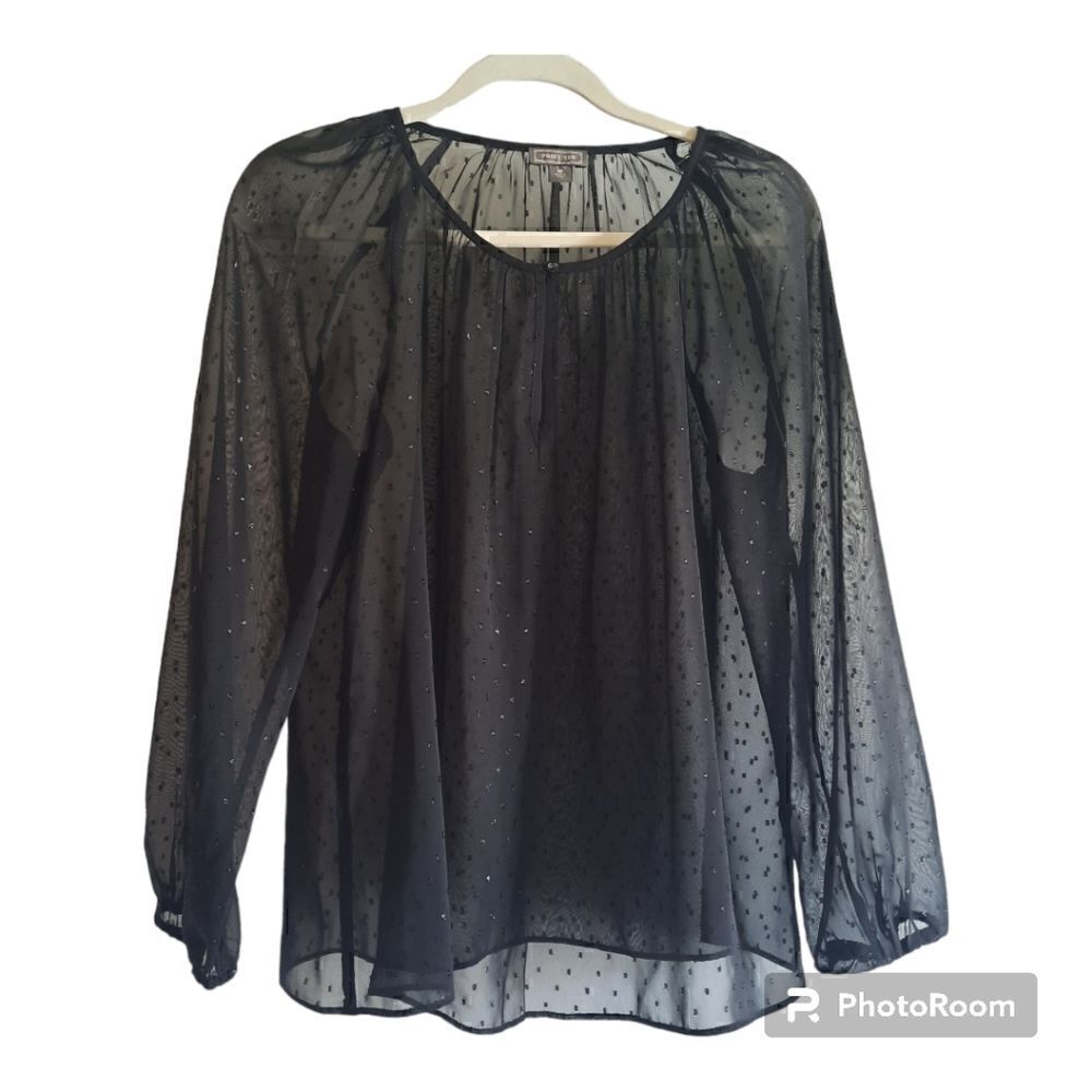 Point Sur Black Sheer Dot Embroidered 3/4 Sleeve Blouse
